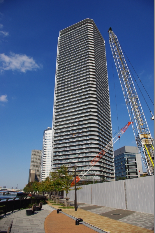 整備された公園と超高層マンションと建設中の区画