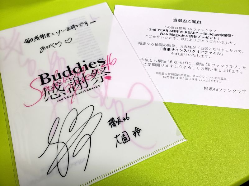 櫻坂46バディ感・直筆サイン入りクリアファイル・大園玲