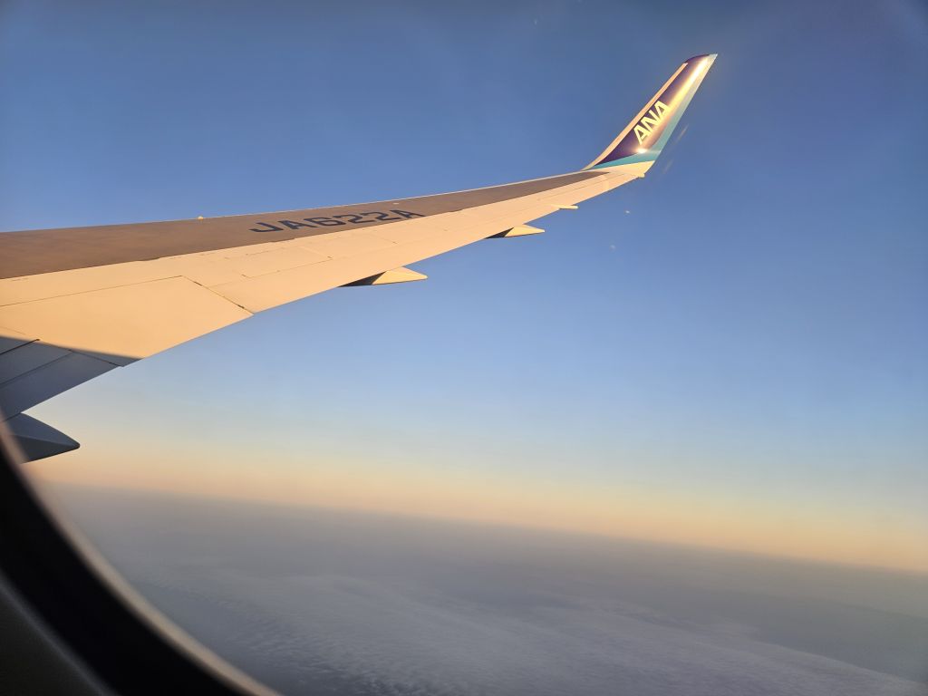 飛行機からの景色・水平線と夕空
