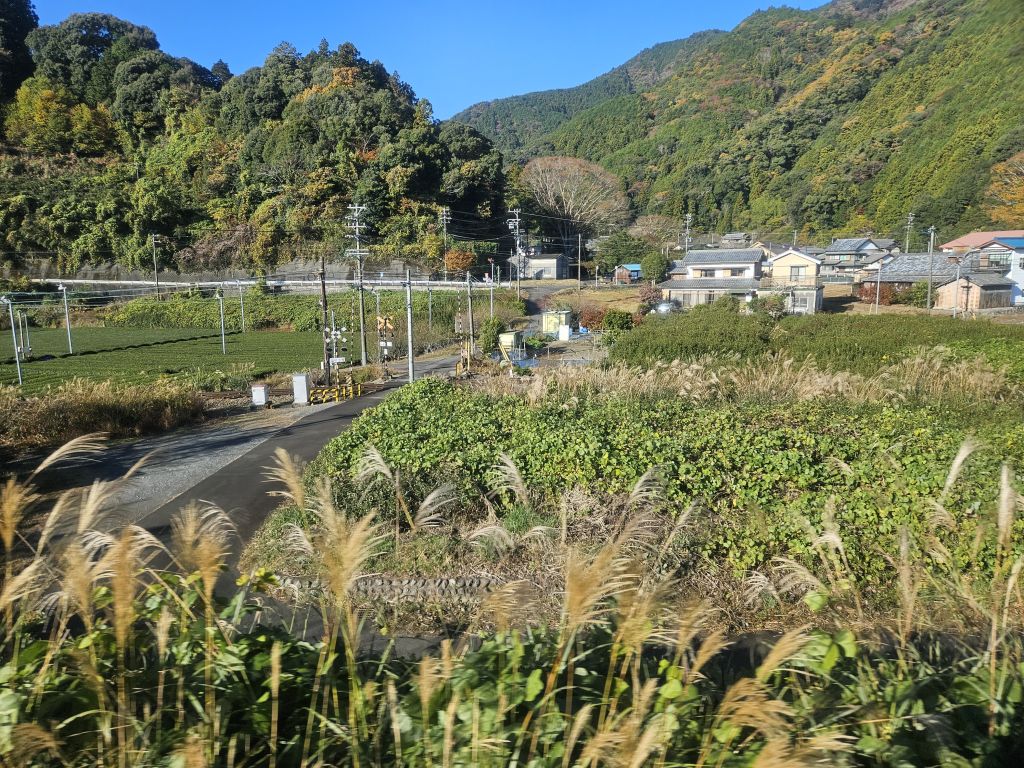 大井川沿いバス車窓・線路が見えた