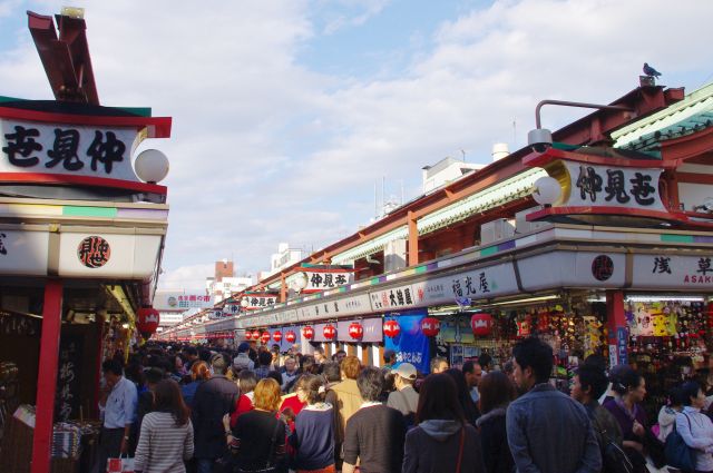 仲見世の通りは商店が並び、人形焼のお店が多くありました。奥まで観光客がびっしりで、外国人も多く訪れていました。