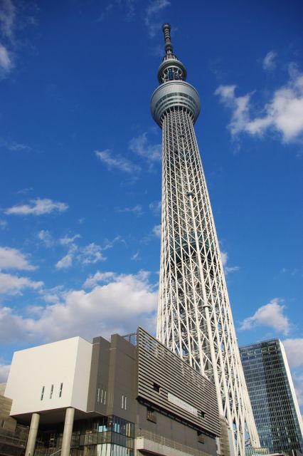 業平橋駅前へ。青い空に高い塔が突き刺す。周辺ではたくさんの人が上を見上げていた。
