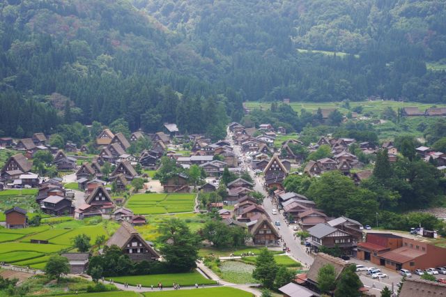 白川郷のメインストリート・白川街道をズーム。同じ方向を向いた合掌造りがたくさんあります。