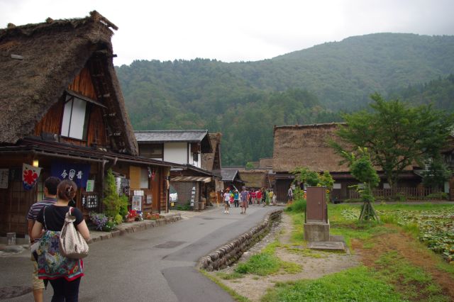 庄川を渡ると、荻町の集落へ。こちらが人も住んでいる本物の集落です。