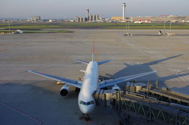 飛行機の正面。国際線は飛行機は少ないようだ（できて間もないからか、地震の影響か）。奥の国内線（第２ターミナル）には飛行機が多数見える。