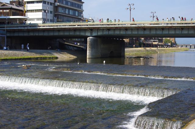 川沿いを北に進み、四条大橋付近へ。川の直線の段差がきれいな情景を作っている。