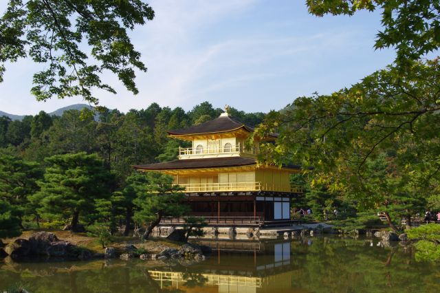 境内の一番の見所、池の向こうに舎利殿（金閣）を望む。緑に囲まれた、輝かしい黄金色の舎利殿はとても美しくて印象的。