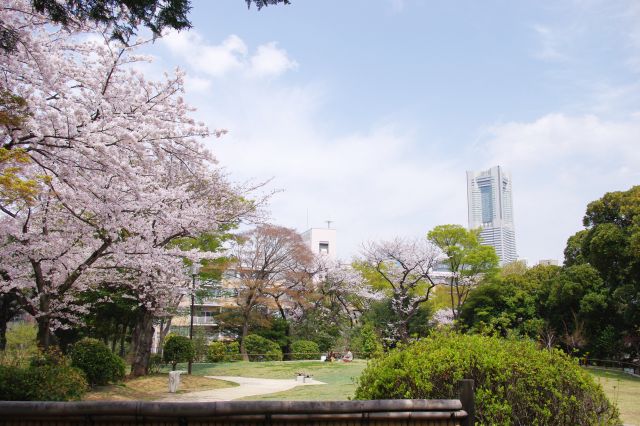 少し上ったところの広場と横浜のシンボル。人々が休憩していた。