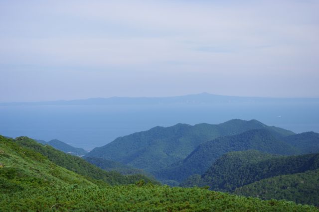 ズーム、谷の先に羅臼の街が少しだけ見えました。広い海や国後島側の建物？もうっすらと見えます。