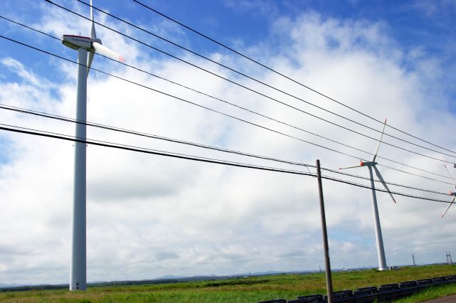 天気が徐々に回復。風力発電の巨大な風車が並ぶところがありました。１つ１つがかなり大きいです。