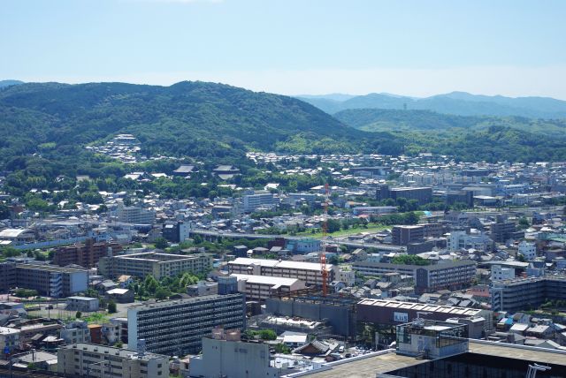 南東の稲荷山方面。九条通りの奥に大きな東福寺の建物が見えます。