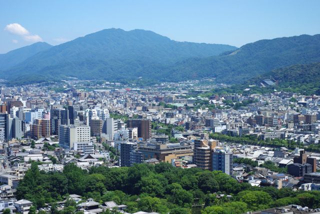 北北東、四条・祇園の町並みの奥に、平安神宮の鮮やかな鳥居が目立ちます。