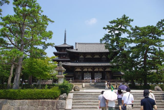 正面には中門と五重塔。周囲の木々もかなりの高さがあります。