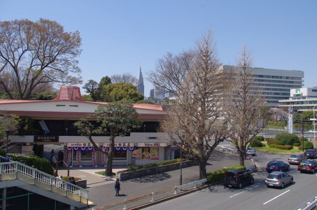 信濃町駅を降り、明治神宮側へ渡る歩道橋より。ビルが少なくて開放的で、明らかに周囲の駅とは雰囲気が違う。