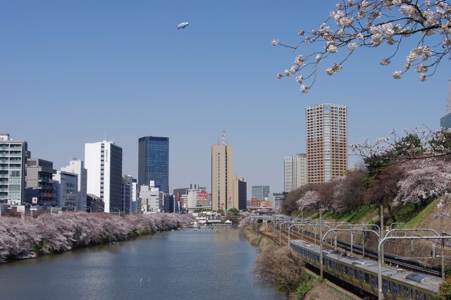 突き当たりはこれから向かう飯田橋駅。外苑でも見かけた飛行船が飛んでいた。