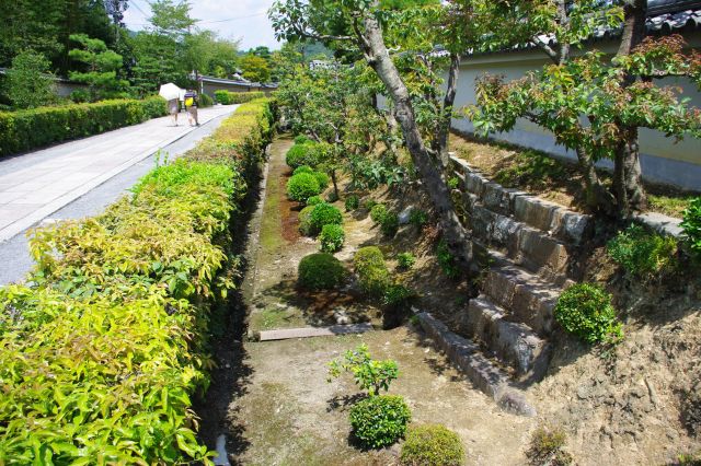 脇の溝には水は流れておらず。どこかの寺院の中から水の音が聞えると和みます。