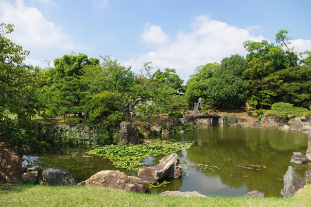 門をくぐり二の丸庭園へ。心地よい緑色が広がる広い空間。