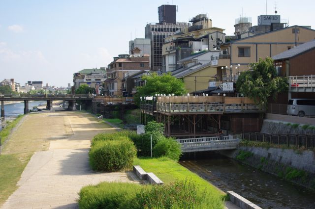 西岸からは川にせり出した納涼床。