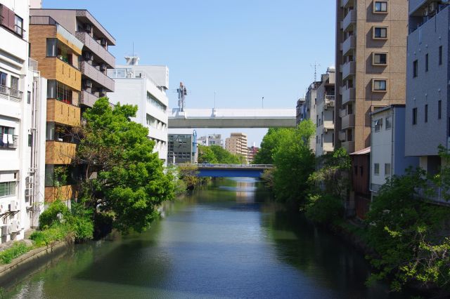 五条橋より堀川上流方面、高速道路が走る。