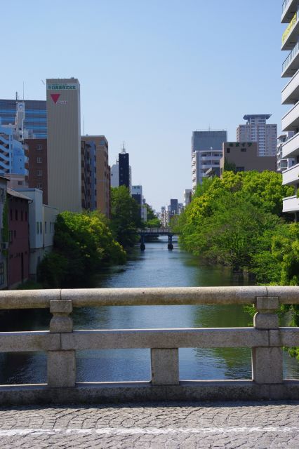 五条橋より堀川下流方面、周囲はマンションが多い。