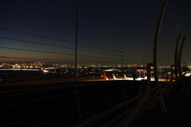 広大な夜景。滑走路の光の軌跡も夜景に参加。