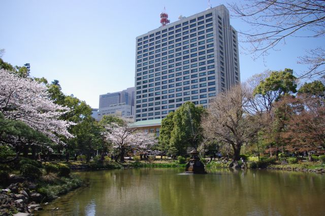 環境省のビルを背景に雲形池・鶴の噴水と周囲の自然の情景。