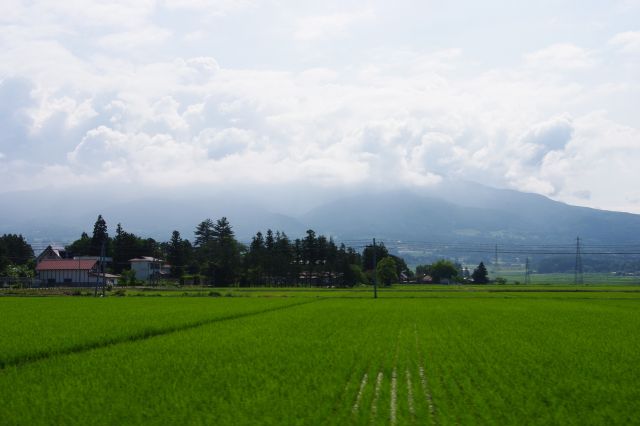 広大な水田と、ダイナミックな雲をまとう雄大な山並み。