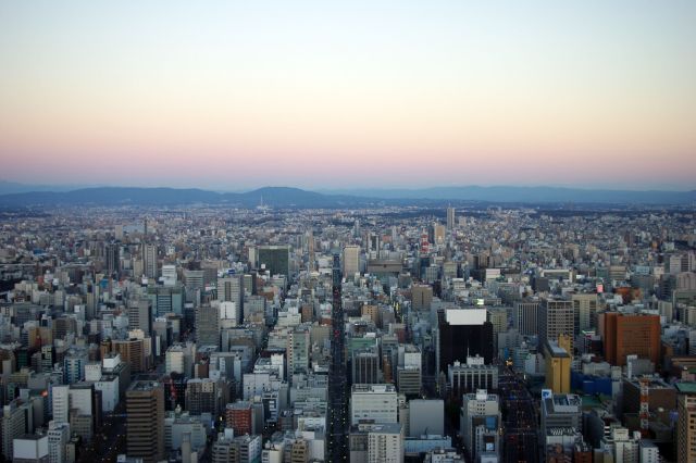 東側の栄方面。広く都市風景が続き、山並みまできれいに見えます。