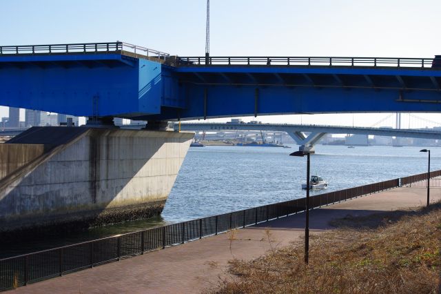 晴海大橋の先には建設中の豊洲大橋。公園は今は晴海大橋をくぐれない状態。