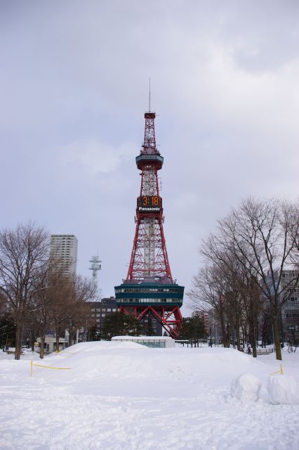 大通公園は雪まつりの跡と思われる雪山がいくつかありました。最低限の歩道は雪が浅いが公園中心部は雪が深い。