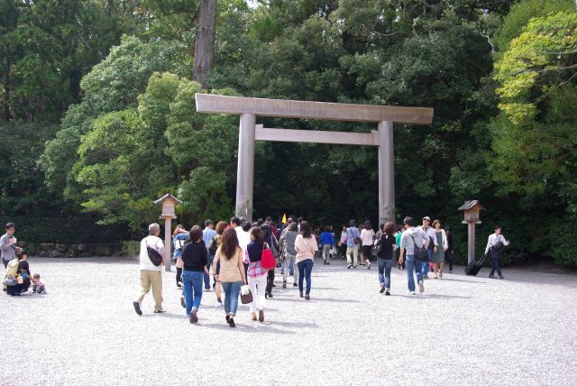 鳥居の先は緑深い別世界。たくさんの人が流れて行きます。