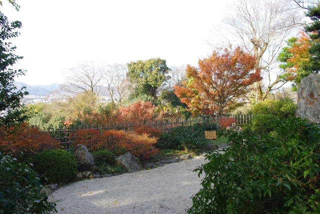 高台の眺めの良い枯山水の庭園。