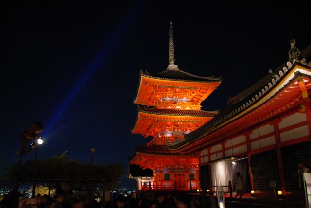 照らされて浮き立つ建物。境内は人でひしめき合う独特の空気感。