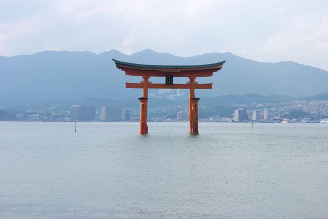 海に突き出た火焼前（ひたさき）からの大鳥居。撮影順番待ちができる。