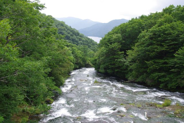 上の駐車場の橋より。中禅寺湖へと下る様子が見える。