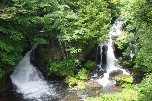 茶屋の先から２つに分かれた滝が見える。