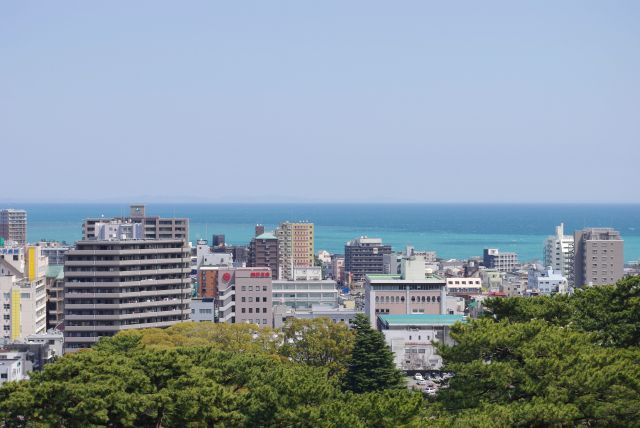 海が近くきれいな2色の青に分かれている。三浦半島もうっすらと。