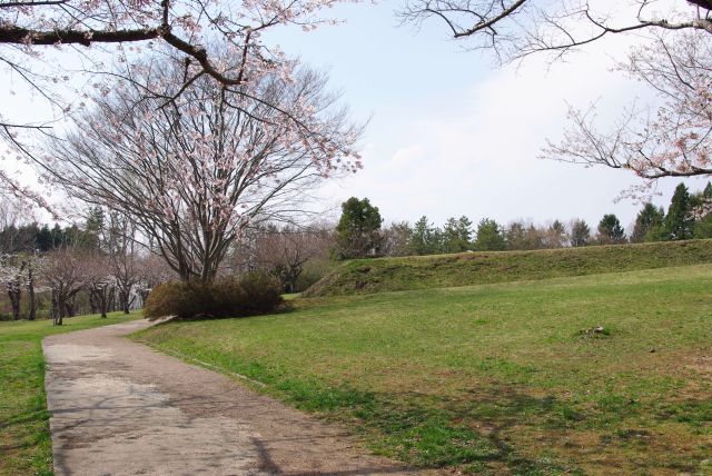 中へ、右側に土塁、周囲には桜の木。