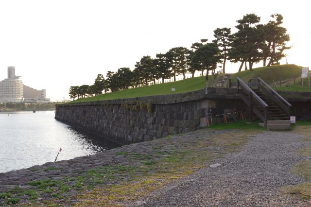 海面に立つ直線の石垣と並んだ松の木々。