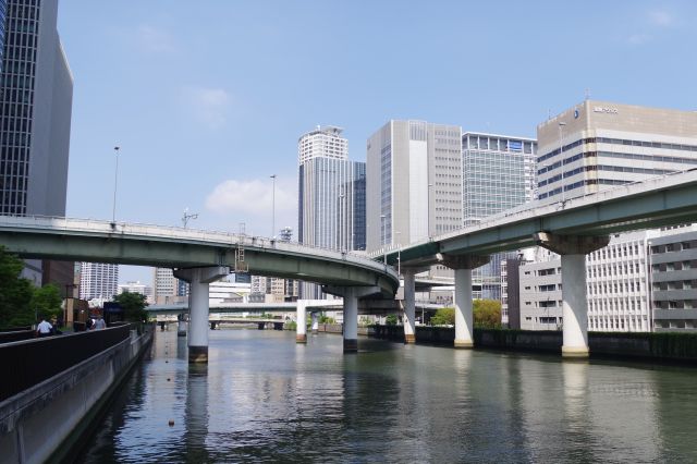 北側の堂島川、こちらも高速道路が合間を縫う。