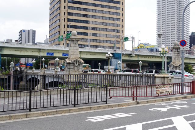 難波橋の北側。Ｔ字路の先にはバラ園など中之島公園。