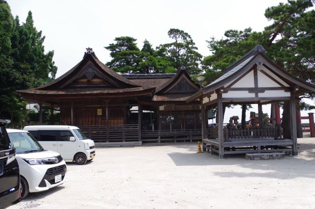 駐車場横には本殿。コンパクトな境内に人が多い。