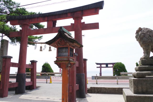 交通量の多い道路を挟んで湖上に鳥居が立ちます。