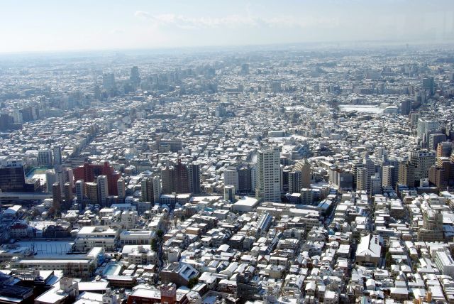 遠くまで雪の街並みが続きます。校庭も真っ白。