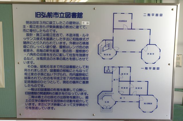 旧弘前市立図書館の解説と間取り図。