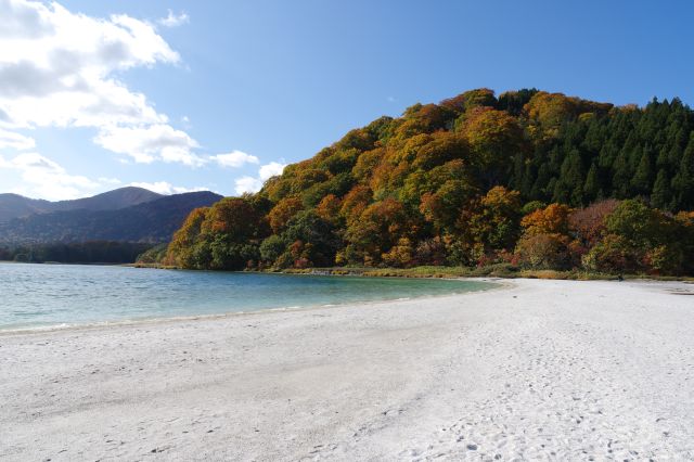 穏やかに波が押し寄せる砂浜。山の紅葉がきれい。