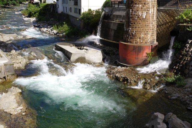 水しぶきを上げて勢いよく流れる川。