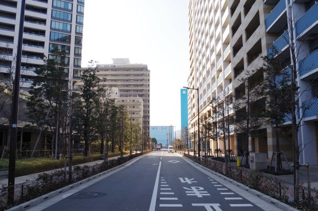 横道のマンション群と、奥には豊海の倉庫。