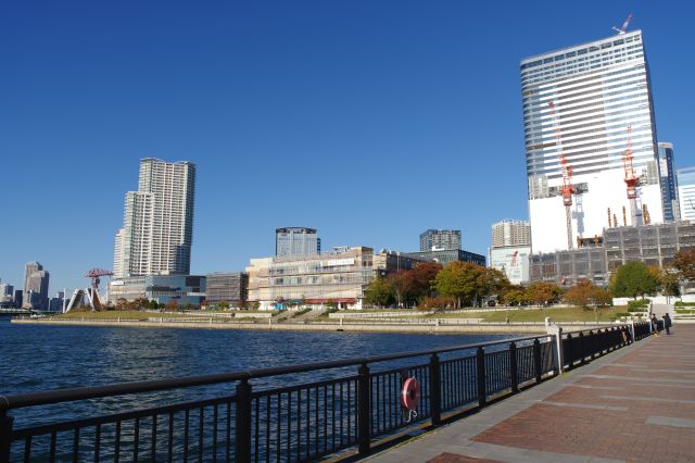 土手の下へ。釣りをする人がいます。