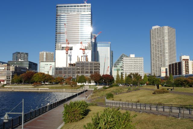 公園の端へ。長いＬ字型の公園です。